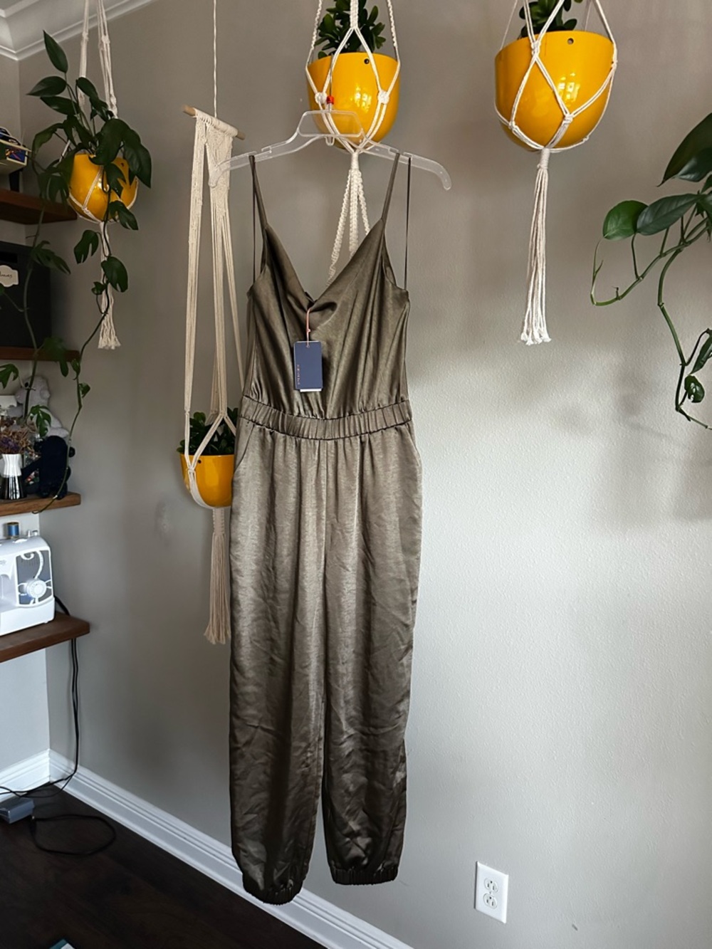 NWT Skies Are Blue Satin Olive Green Spaghetti-Strap Jumpsuit